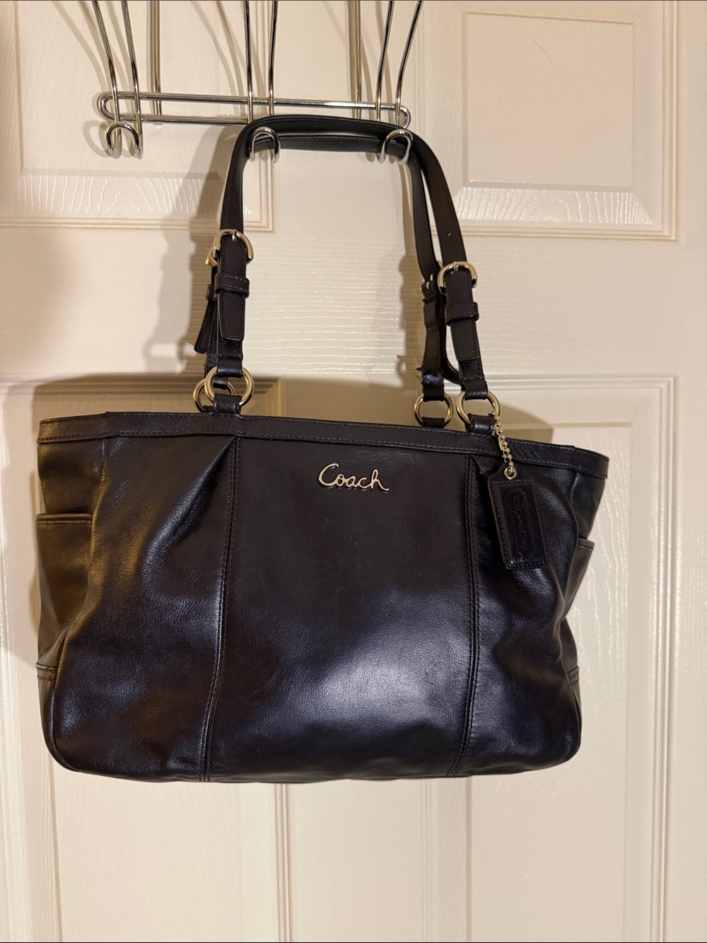 Coach Black Leather Shoulder Tote with Gold Hardware